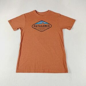 Patagonia Shirt Mens Small Orange Heather Slim Fit Shop Sticker Logo Tee Graphic